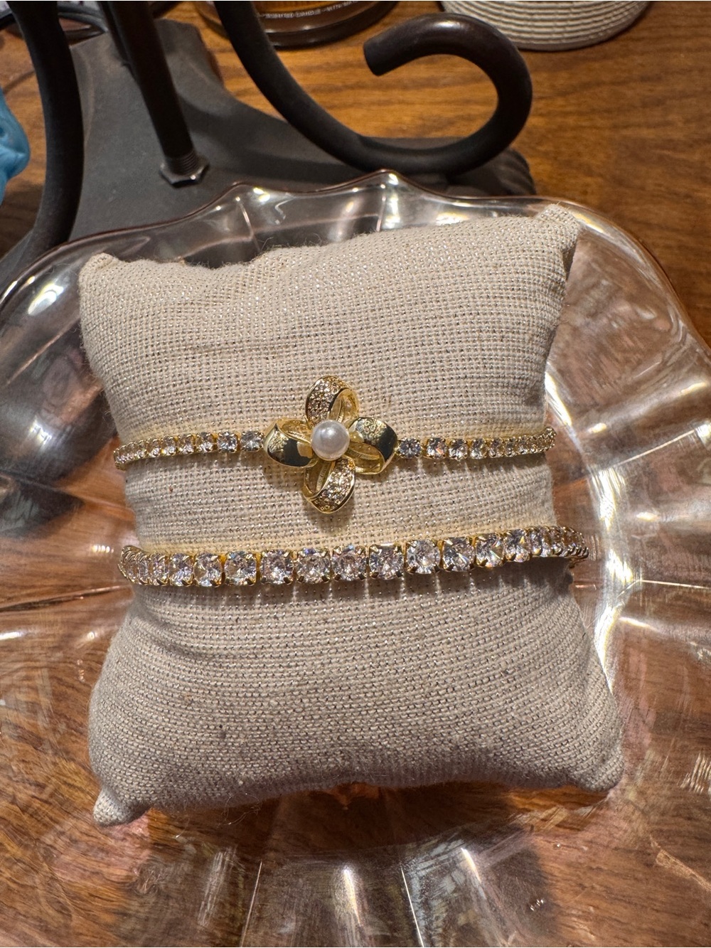 Gold-Tone Crystal Tennis Bracelet Set with Pearl Flower Accent - Gold